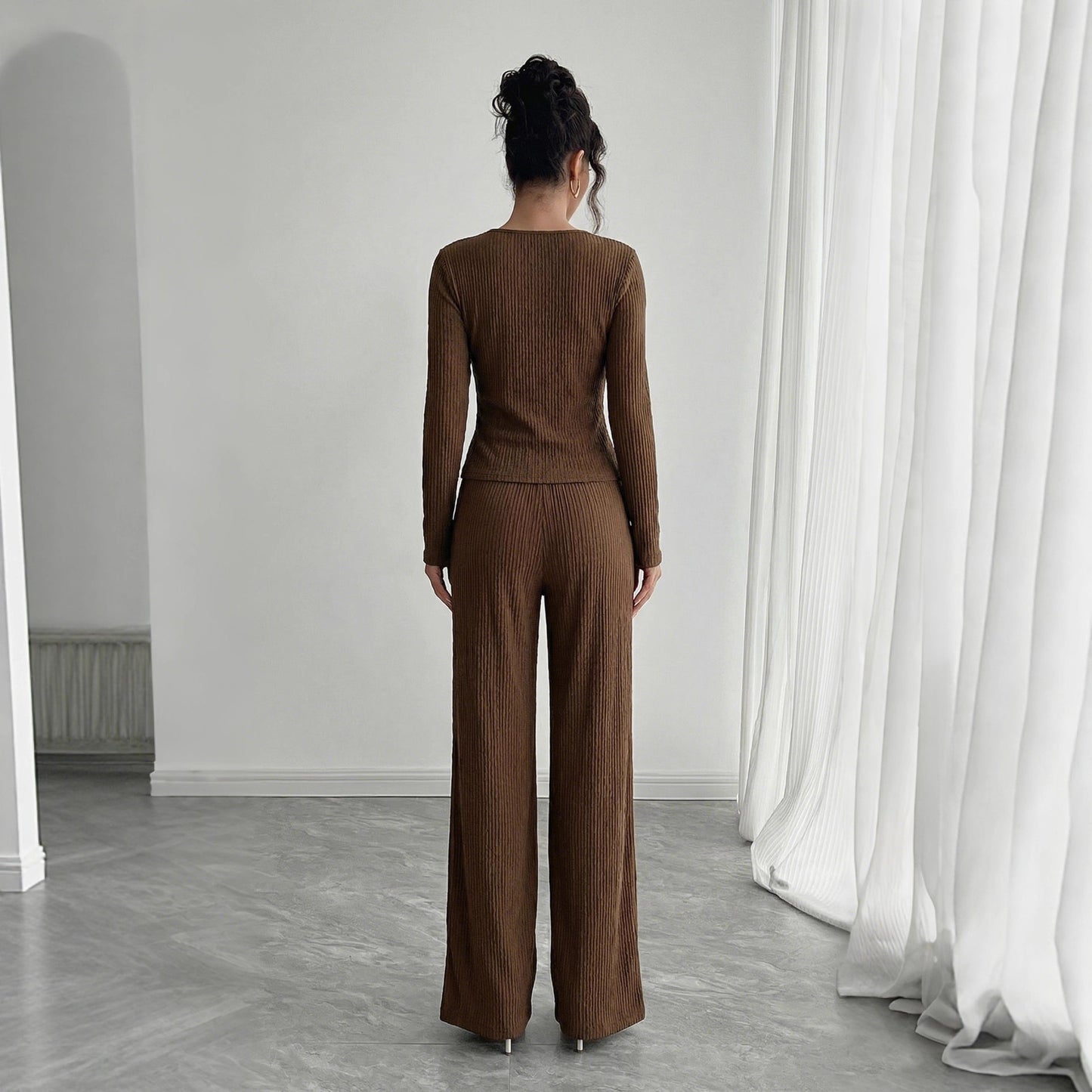 Womens Solid-Color V-Neck Cross-Over Long-Sleeve T-Shirt And Pants Set