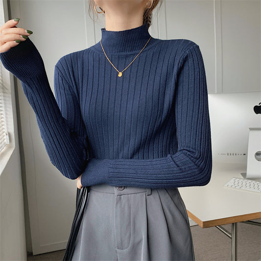 Half-high Collar Long Sleeves Knitted Bottoming Shirt Top For Women