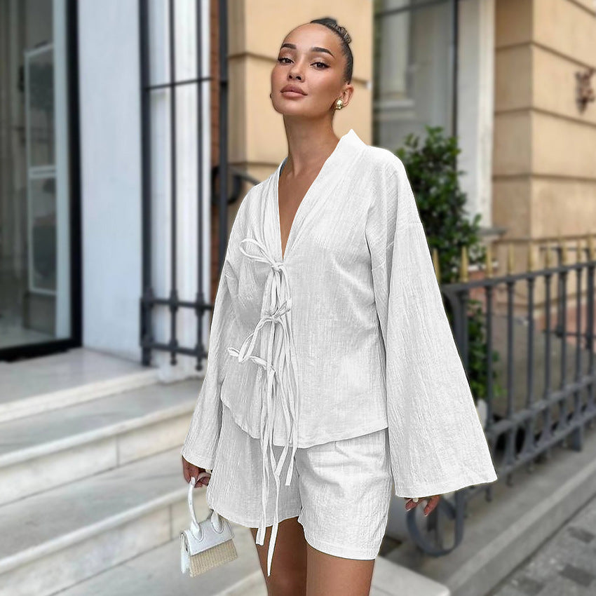 100 Cotton White Loose-Fit Casual Comfortable Womens Loungewear Long-Sleeve Top And Pants Pajama Set