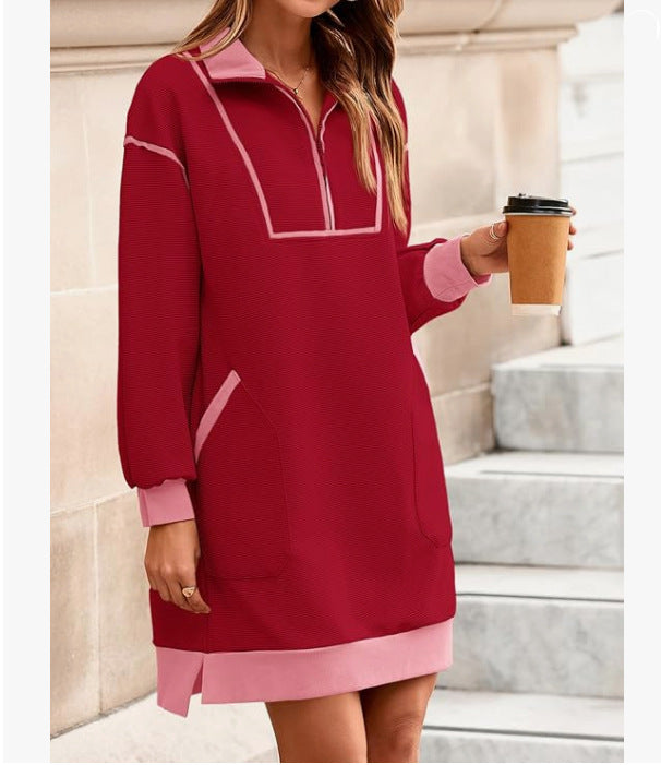 Sports Style Half Zip V Neck Long Sleeve Color Block Loose Dress
