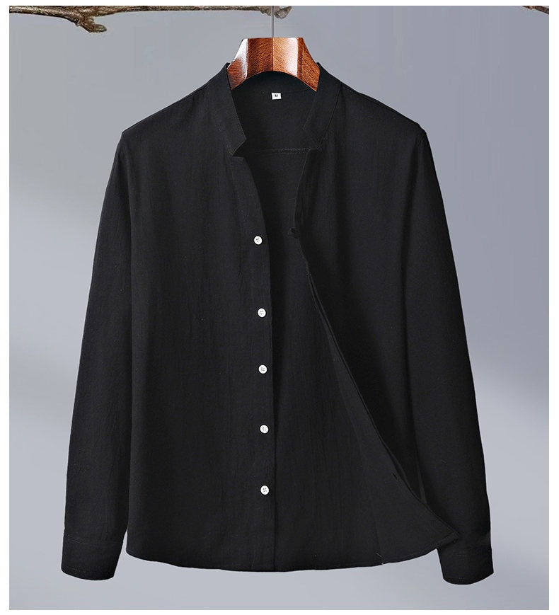 Cotton And Linen Crepe Solid Color Chinese Style Men's Long-sleeved Shirt