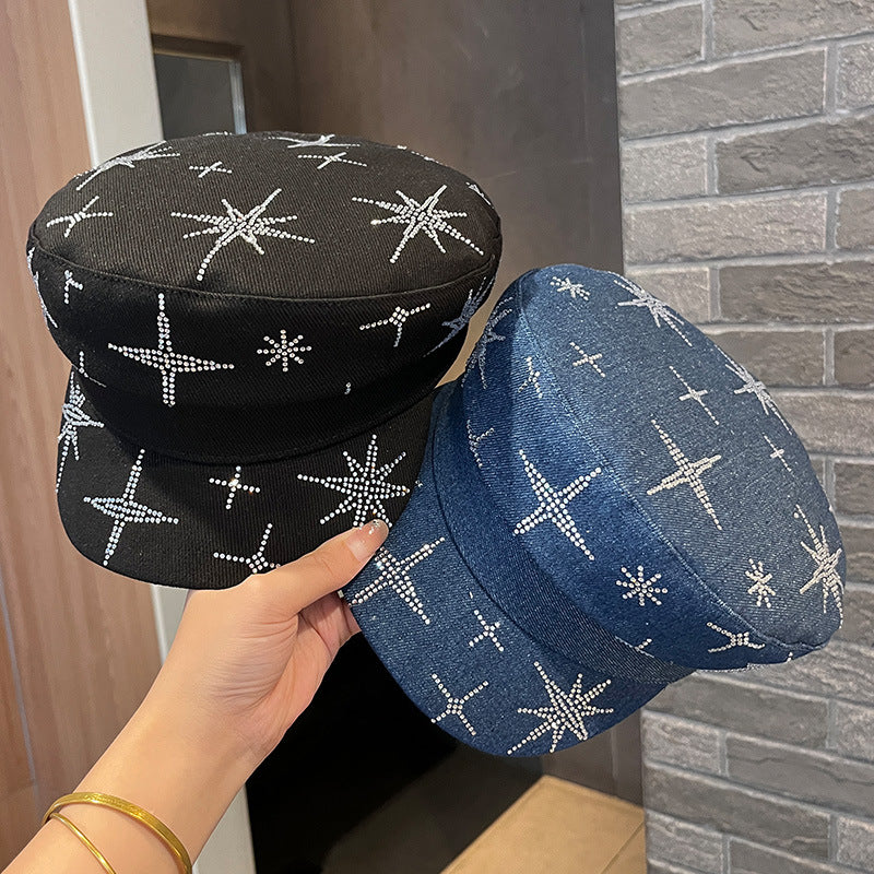 Denim Rhinestone XINGX Flat-top Cap Women's Spring Face Little Wild