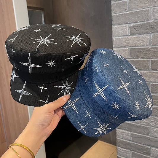 Denim Rhinestone XINGX Flat-top Cap Women's Spring Face Little Wild