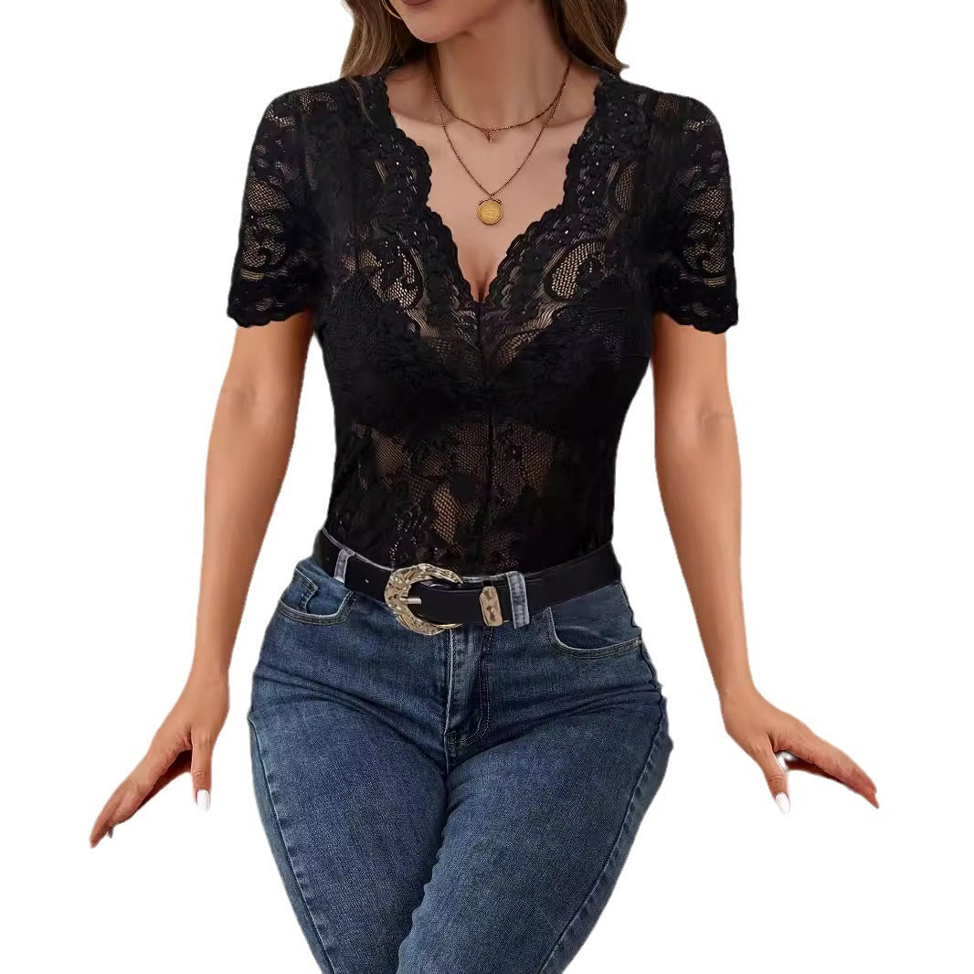 Fan-shaped V-neck Solid-color Lace Sexy Slim-fit Figure-flattering T-shirt Top