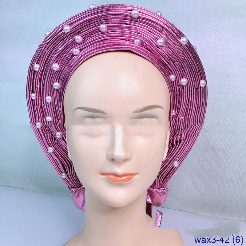 Arabian Large Pearl Women's Jacquard Pleated Braided Turban