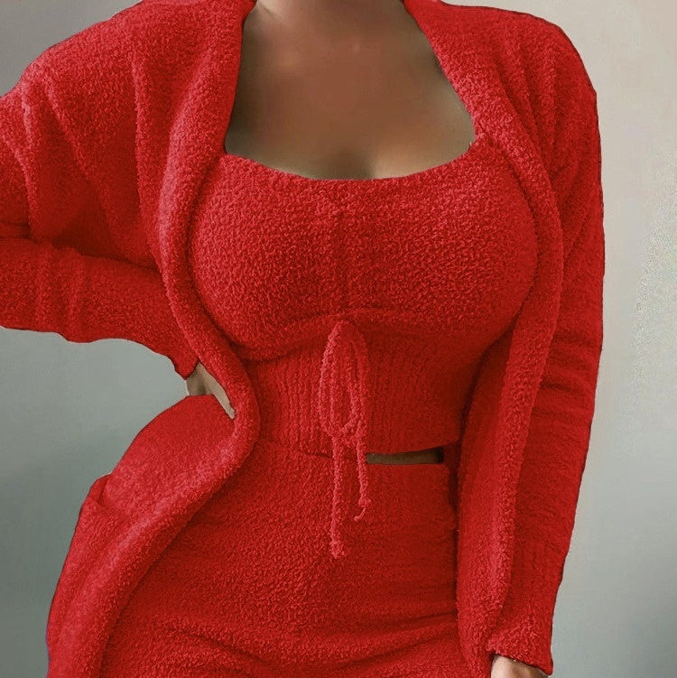 Womens Slimming Three-Piece Casual Solid-Color Long-Sleeve Set