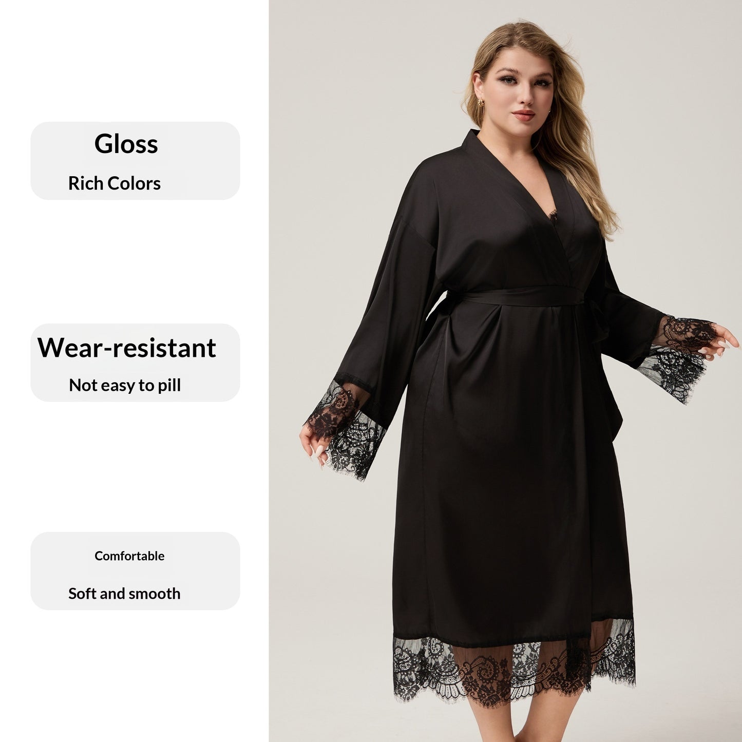 Womens Plus-Size Satin Chiffon Lace-trimmed Long-Sleeve Pajama SetPijama Robe