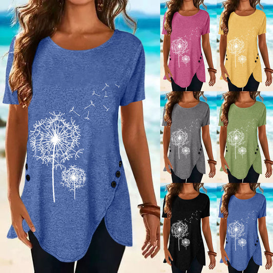 Mælkebøttetryk Kortærmet Knaplukning T-shirt Sommer