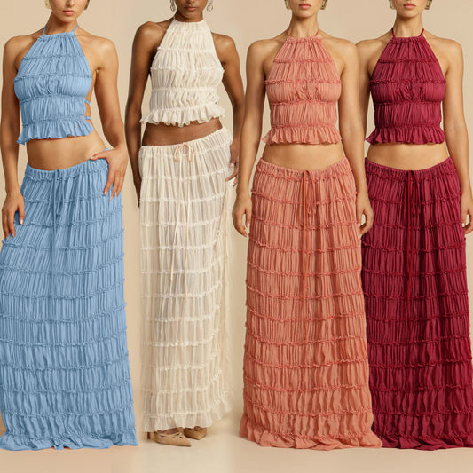 Resort-Style Halterneck Pleated Cami Top & Midi Skirt Two-Piece Set For Women