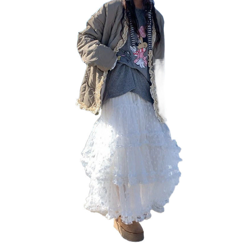 Lace Stitching High Waist Mid-length Skirt
