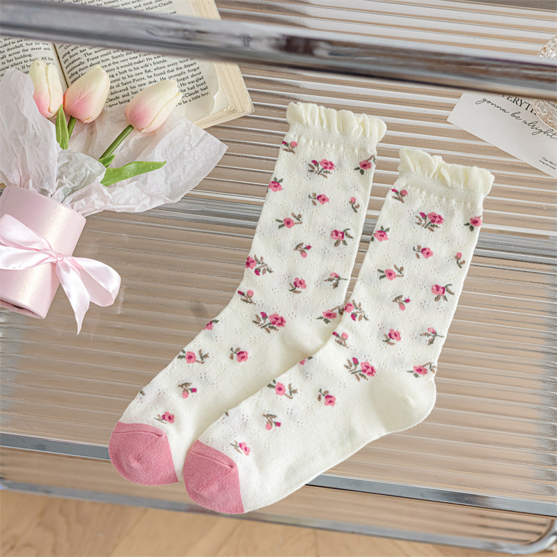 Green Powder Small Floral Glass Silk Pile Women's Socks