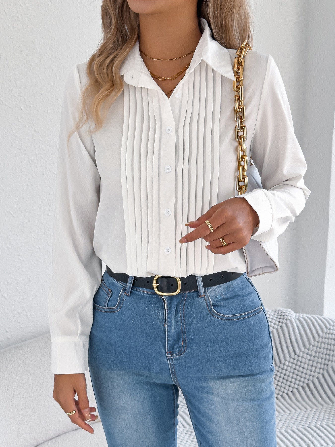 Pleated Solid-color Button-up Long-sleeve Business Shirt