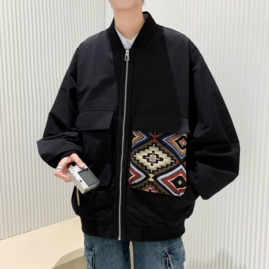 Large Pocket Collarless Embroidery Short Ethnic Style Casual Jacket