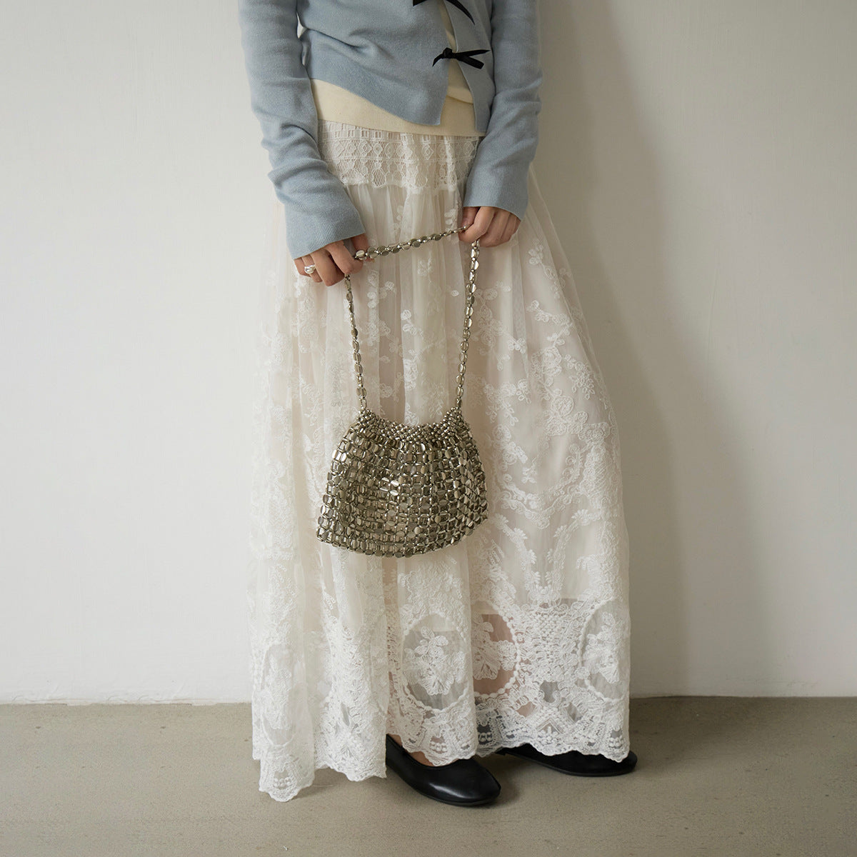 White First Love Heavy-Duty Lace Trimmed Elastic High-Waist Holiday Skirt