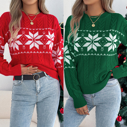 European And American Snowflake Pattern Lantern Long Sleeve Pullover Sweater