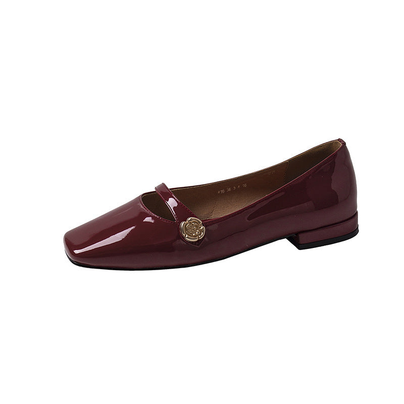 French Low Heel Camellia Women's All-matching Thick Heel Shoes