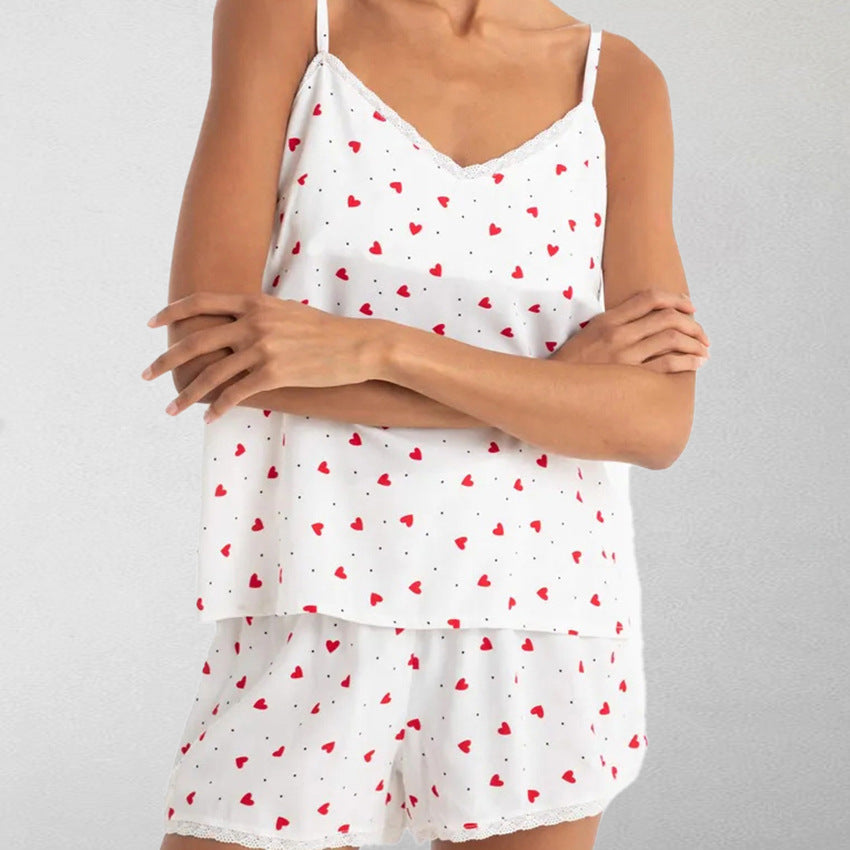 Cool-feel Pajamas With Heart-printed Lace Straps