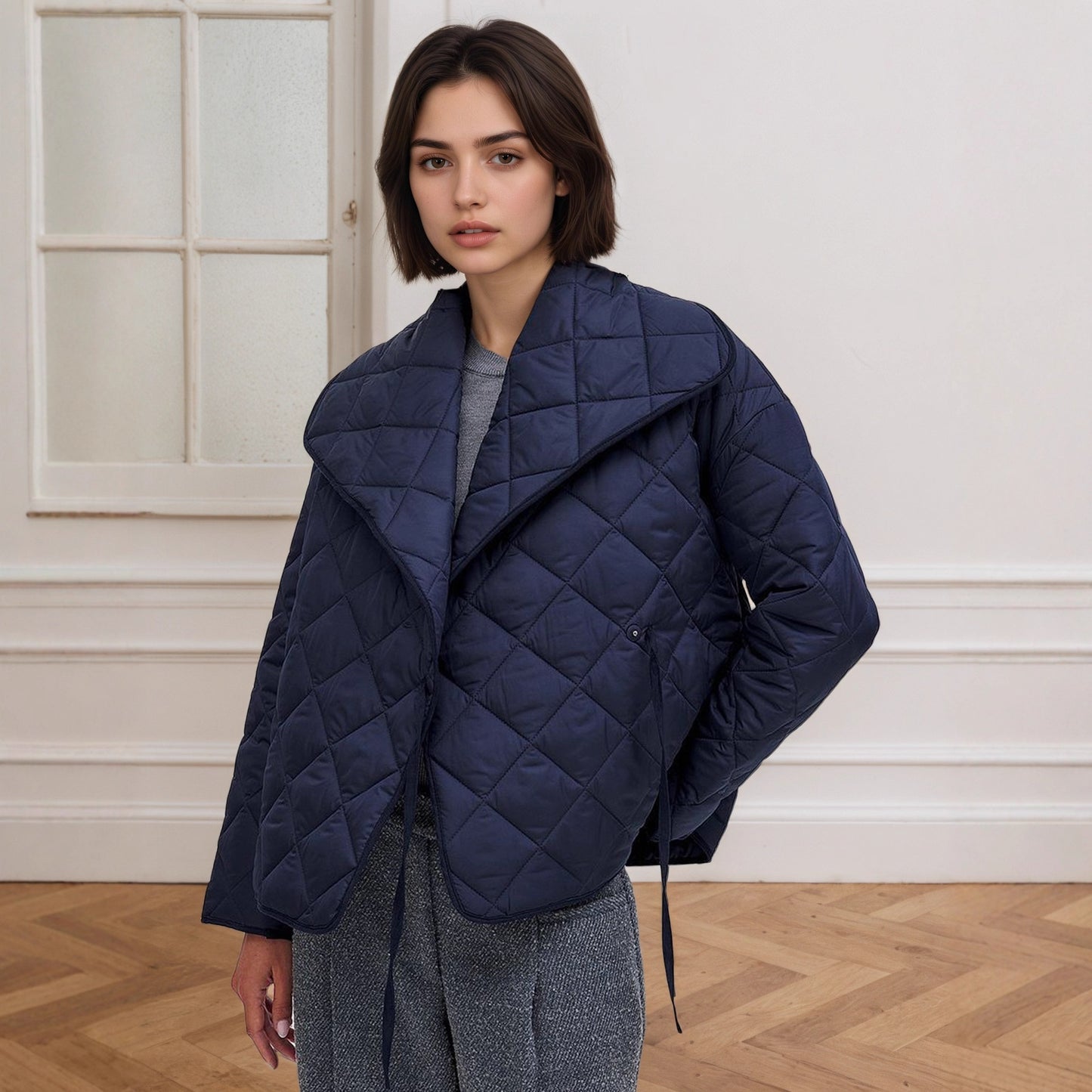 Sapphire Blue With Rhombic Quilted Short Loose Design Cotton-padded Coat