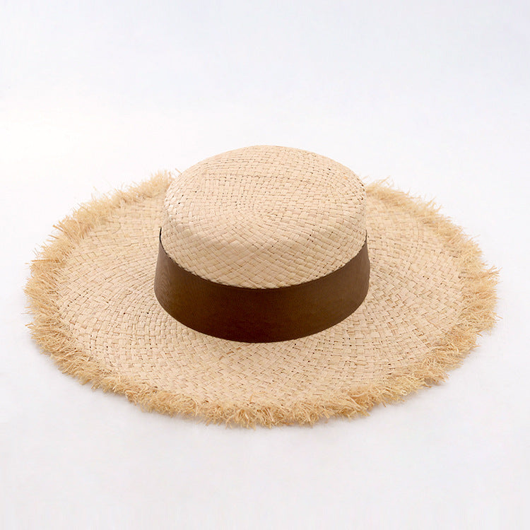 Women's Raffia Frayed Flat Big Brim Hat