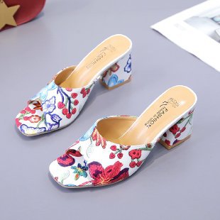 Dame fritids udendørs slip-in sandaler med tyk hæl og print