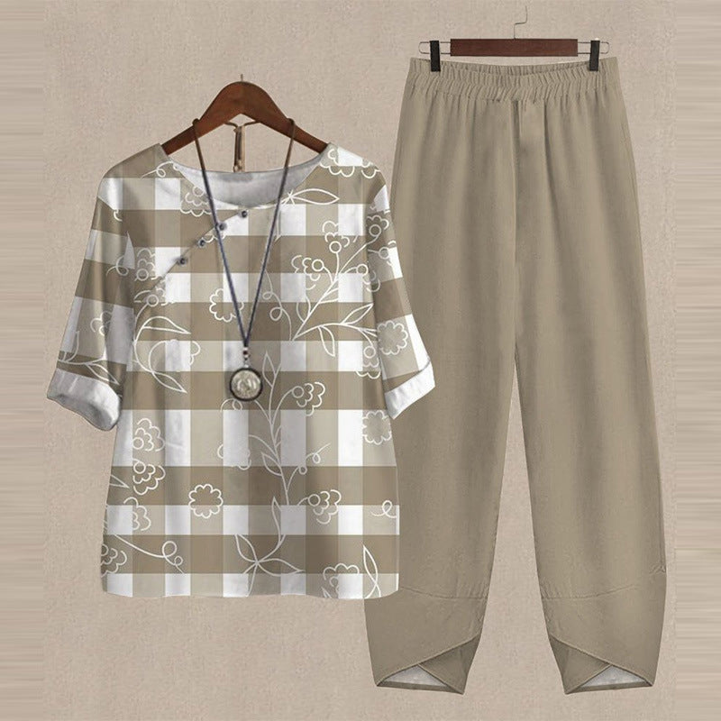 Women's Five-quarter Sleeve Printed Top Two-piece Pants