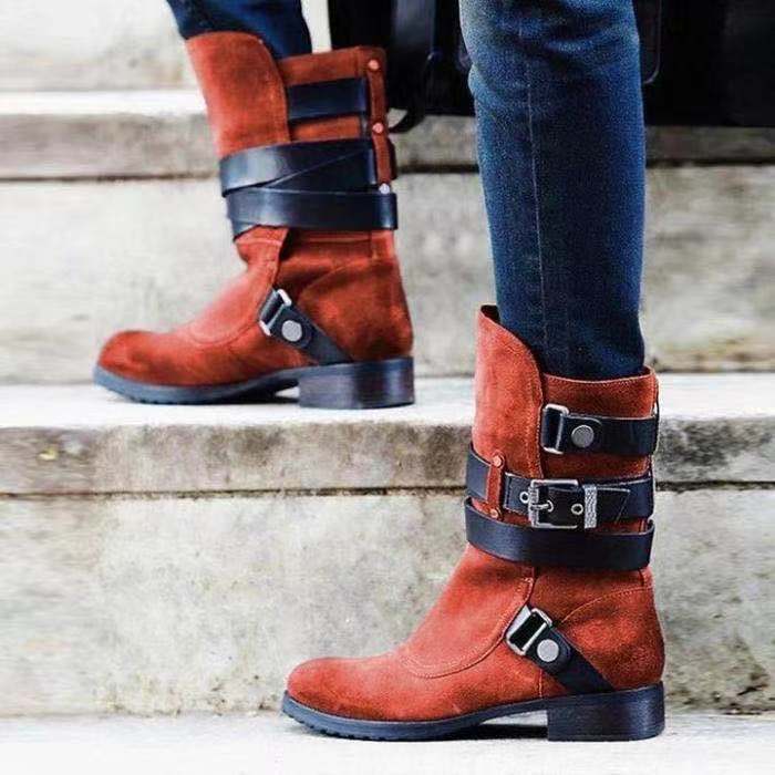 Vintage Men's Thick-heeled Suede Boots With Belt Buckle
