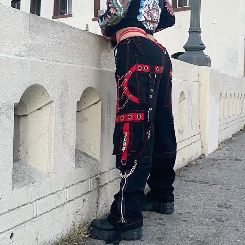 Insnet Street Dark Chain-knap Webbing Hip Hop Løstsiddende Casual Bukser