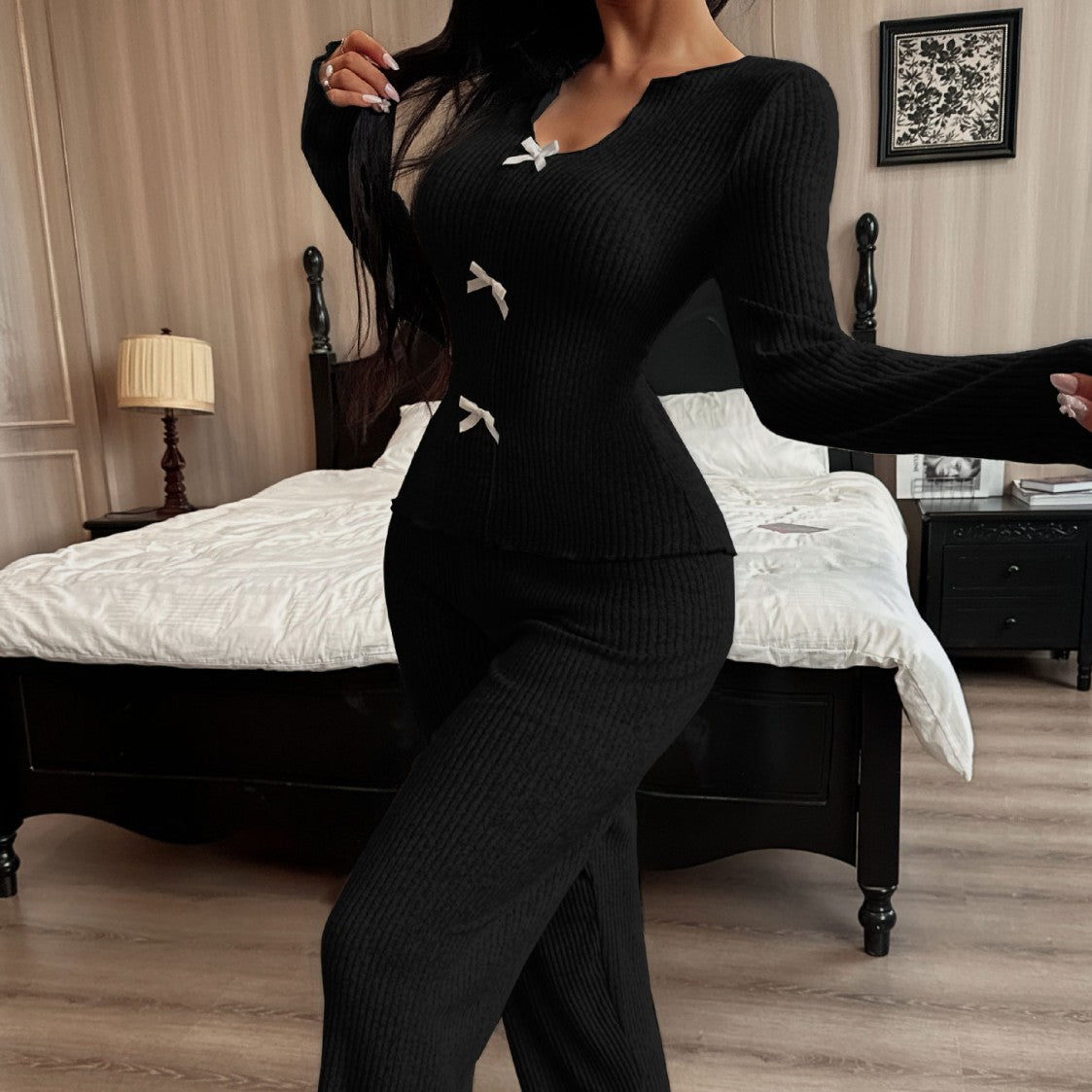 Women's V-neck Bow Long Sleeve Pantsuit