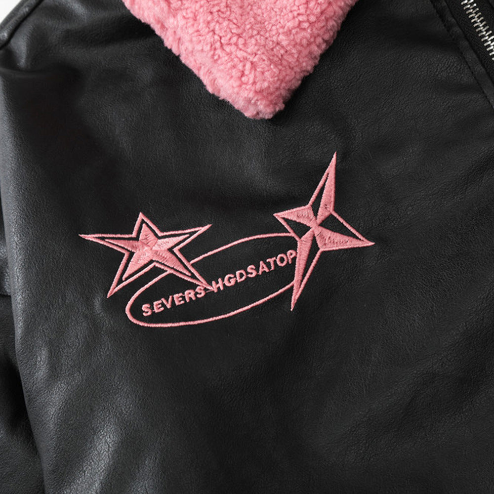 Flame Letter Flocking Embroidery Motorcycle PU Leather Jacket Men's Color Contrast Patchwork Fur Lapel Leather Coat