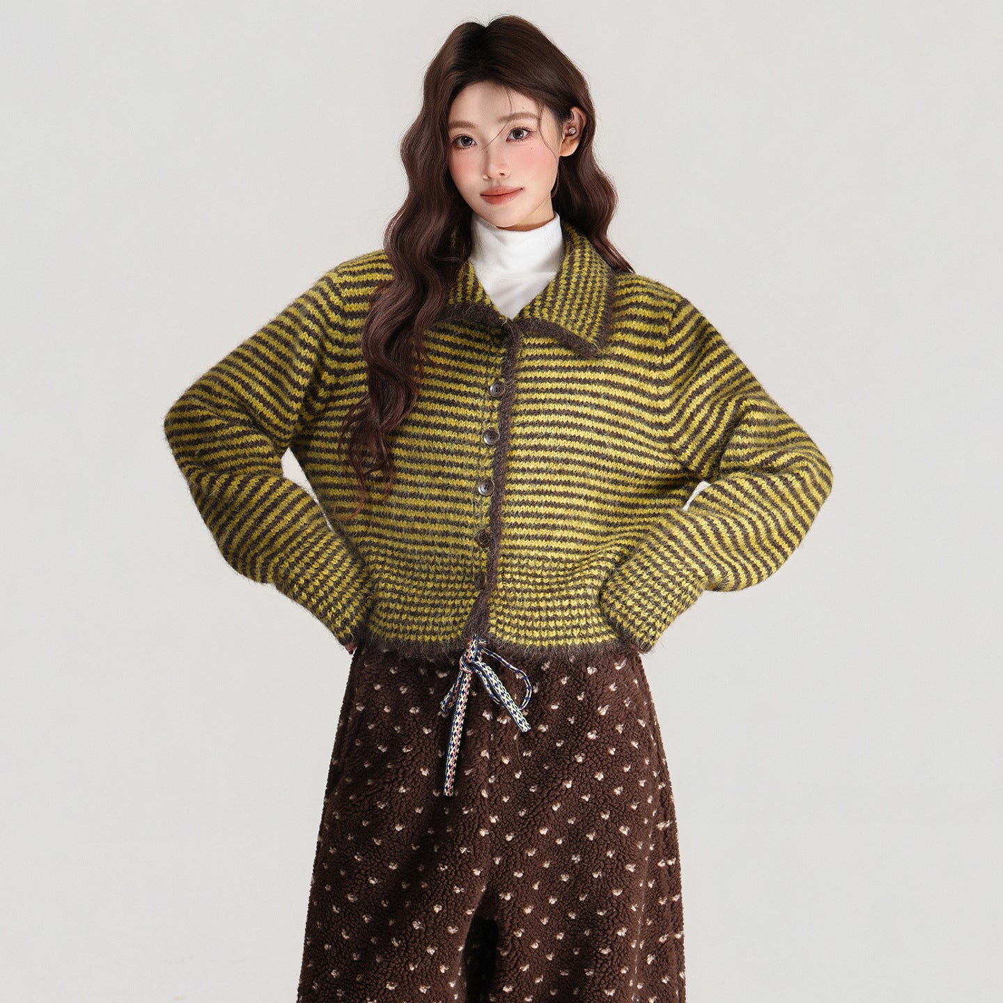 Polo Collar Striped Single-breasted Knitted Sweater Long Sleeve