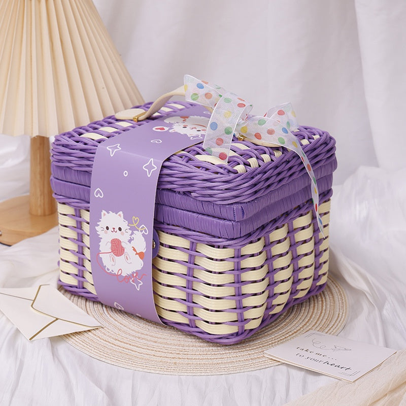 New Colorful Cute Flip-Top Rectangular Straw And Leather Woven Basket