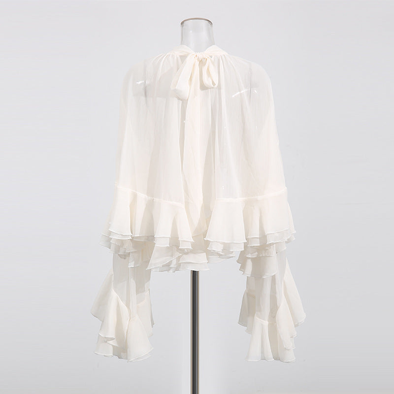 Fashion Casual Long Sleeve Layered Ruffled Short Chiffon Shirt
