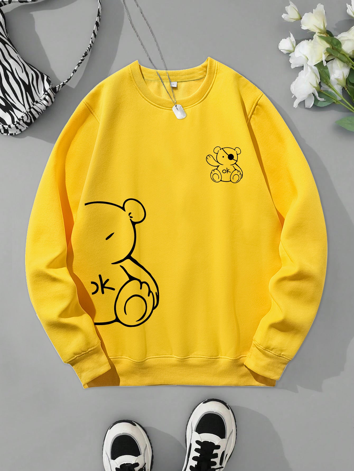 Kawaii OK Teddybjørn Tryk Sweatshirts Til Kvinder Klassisk