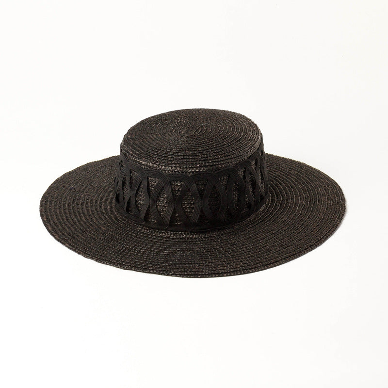 New Grid Decoration Flat Top Straw Straw Hat Outdoor Sun Protection
