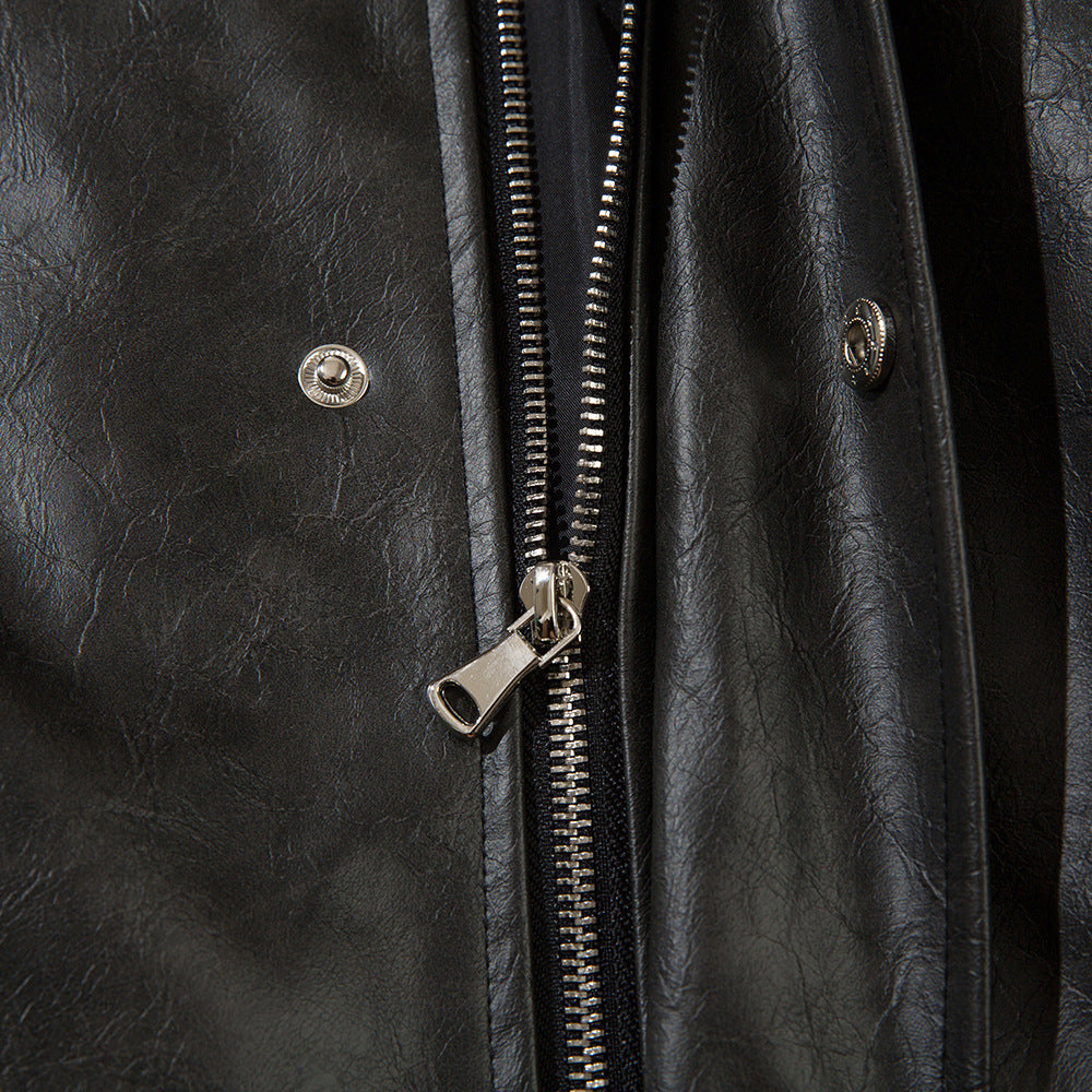 European And American Letters Embroidered Lapel Loose Leather Coat