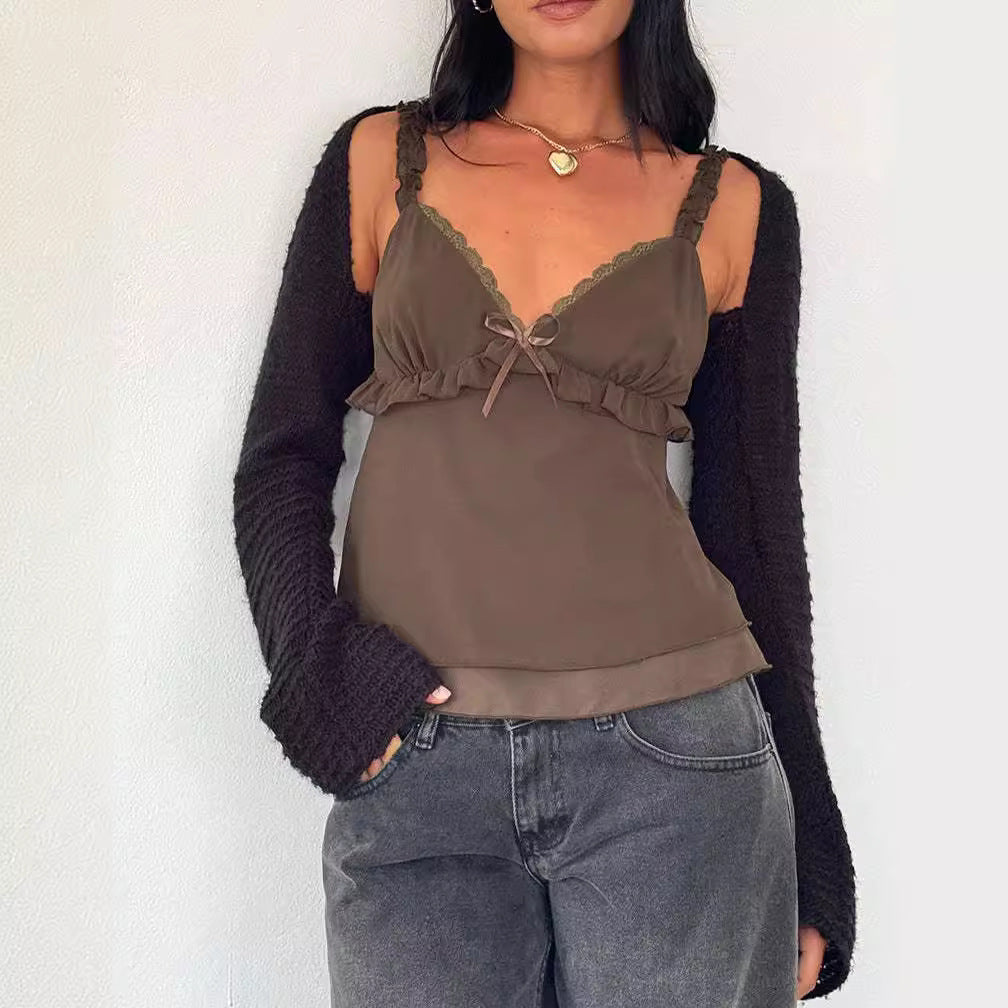 Chiffon Stitching Lace Pleating Sling Top