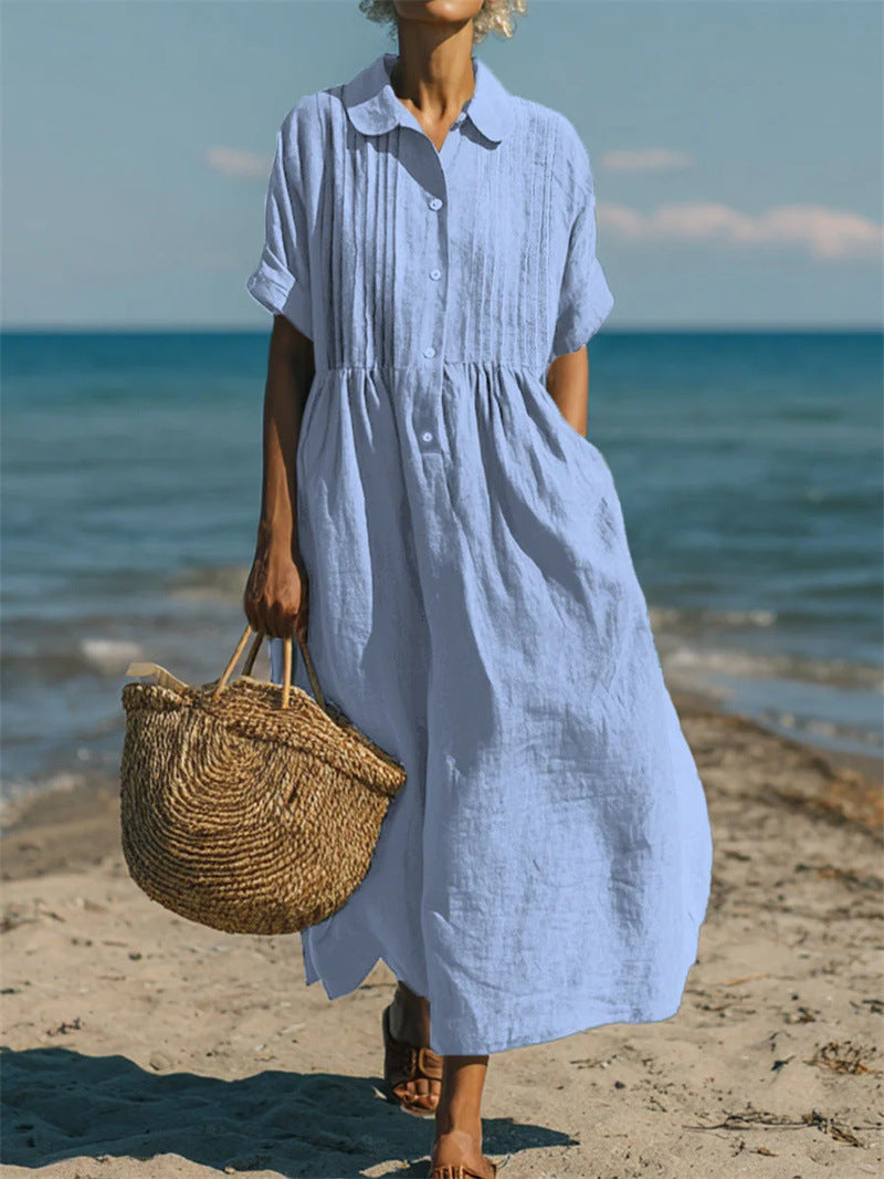 Notch-collar Button-front Pleated Short-sleeve Cotton-linen Dress