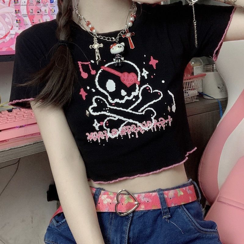 Dark Cartoon Print Crew Neck Short Sleeve Crop Navel T-Shirt