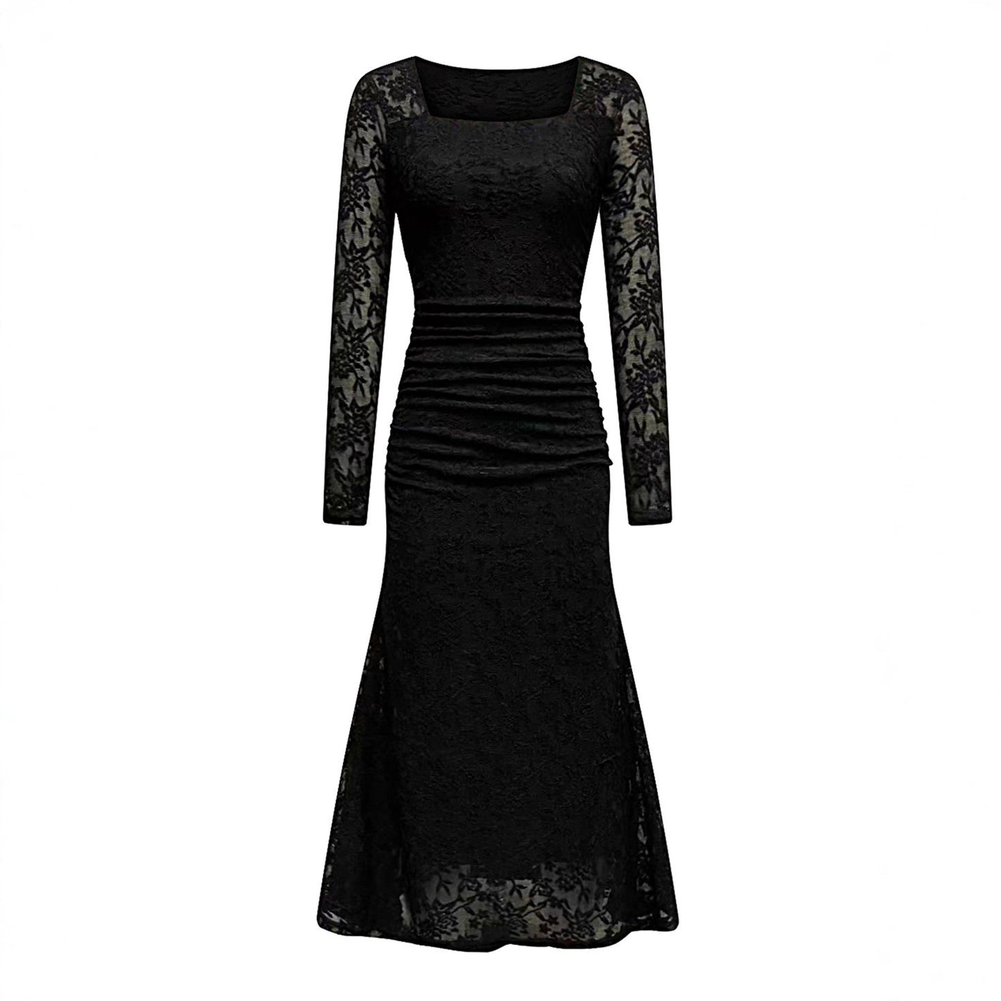 Elegant Lace-Patchwork Square-Neckline Slimming Pleated Maxi Dress