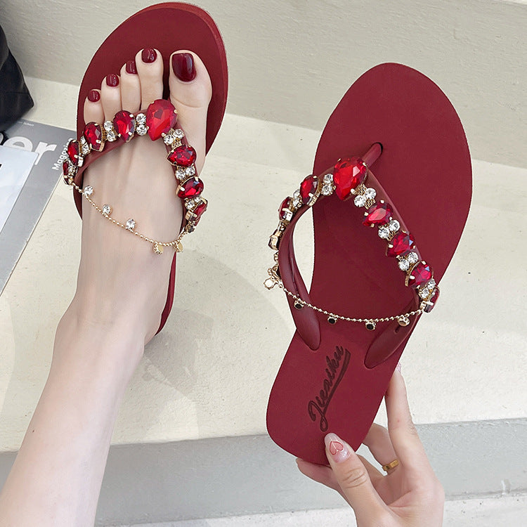 Women's Fashion Casual Rhinestone With Chain Flip-flops