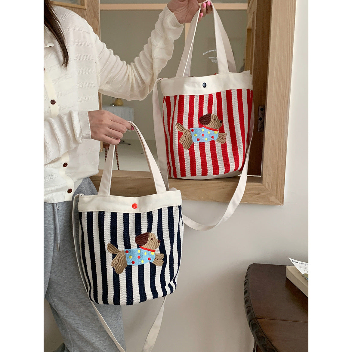 Cartoon Puppy Striped Bucket Bag One Shoulder Crossbody Bucket