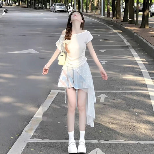 Two-Piece Set Fairy-Like Plaid Mesh Asymmetrical Mini Skirt