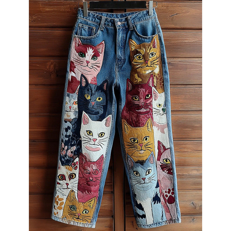 New 3D Heat-transfer Printed Flared Jeans-style Trousers In Faux Denim