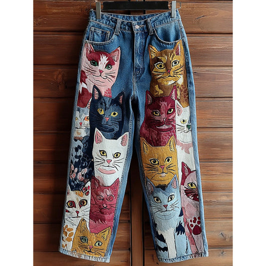 New 3D Heat-transfer Printed Flared Jeans-style Trousers In Faux Denim