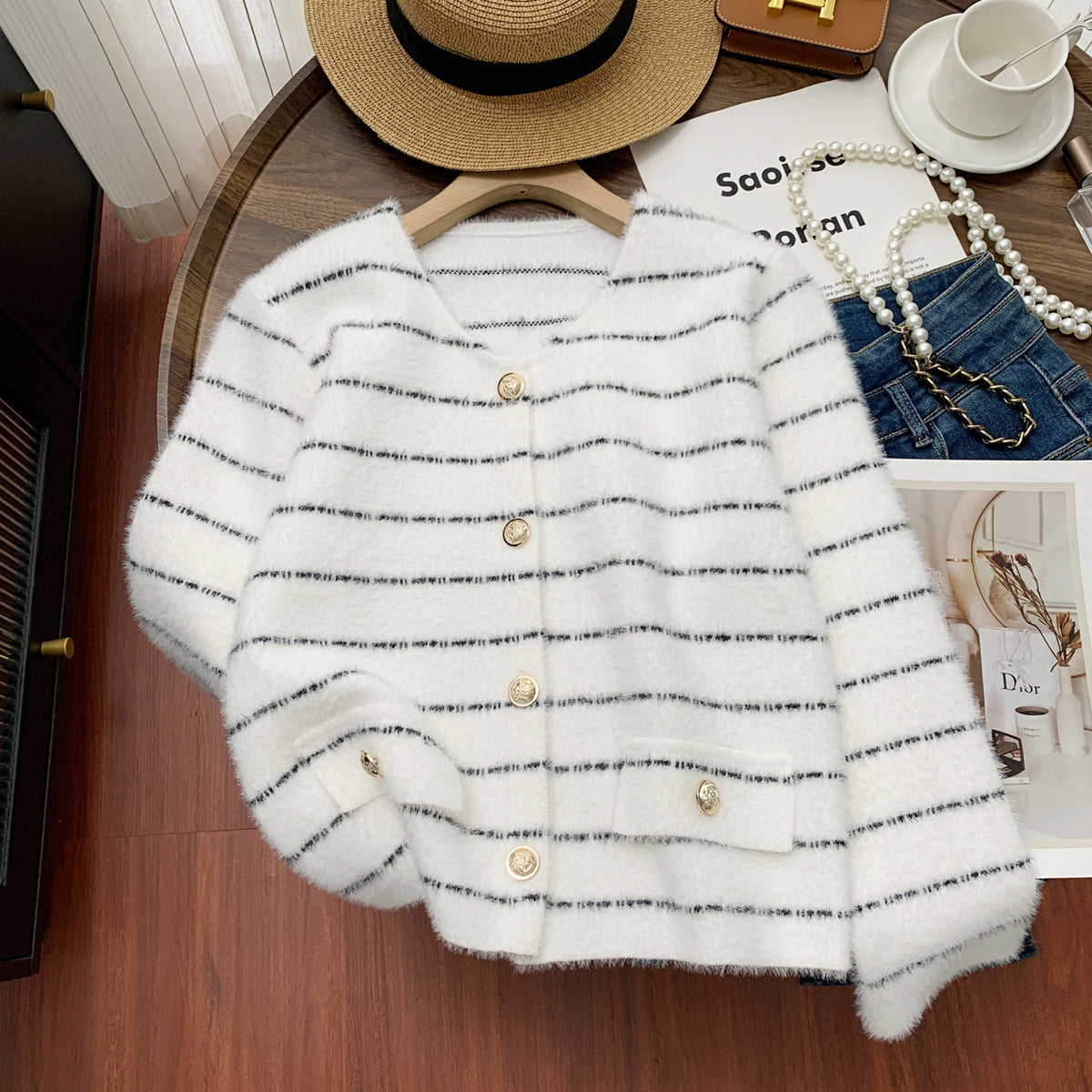 Striped Round Metal Button Faux Pocket Round Neck Sweater