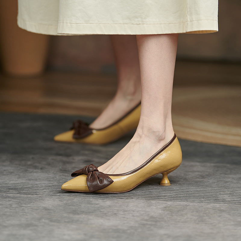 Women's Bow Leather Mid Heel Shoes Spring Autumn