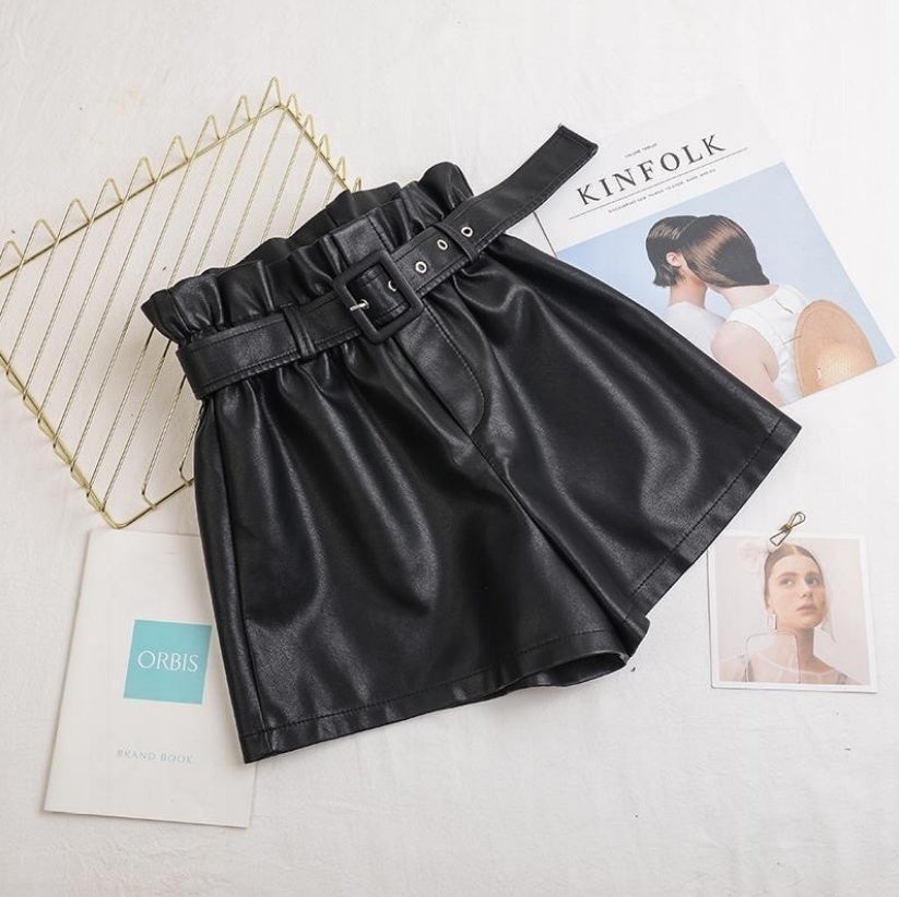 Pu female autumn and winter elastic waist high waist leather shorts