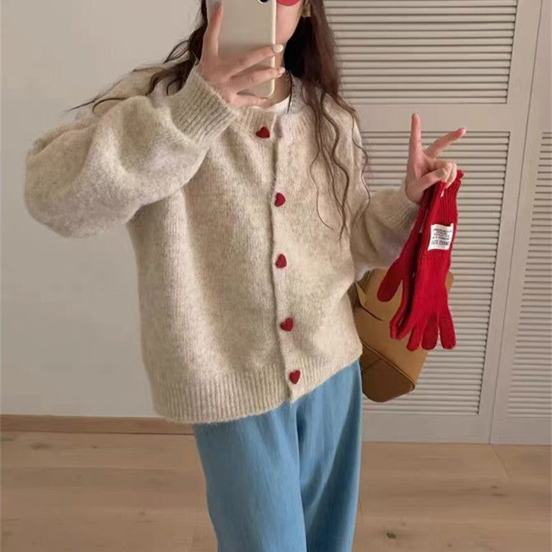 Rundhalset Matchende Design Kærlighed Pige Spænde Strikket Cardigan Sweater Frakke Til Kvinder