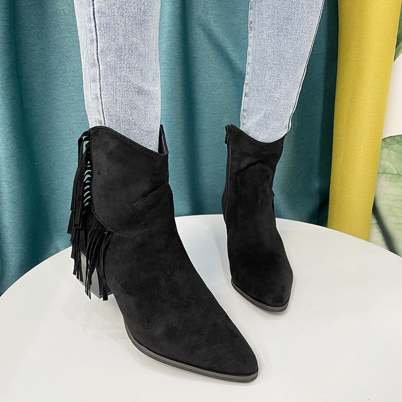 Plus Size Women's Tassel Boots Women's Boots Pointed Toe Thick Heel