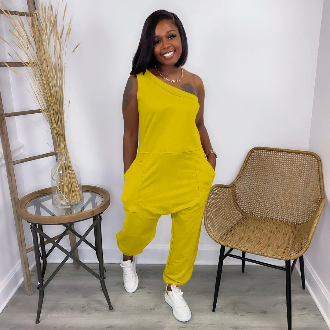 Women's Loose Street Sloping-shoulder Off The-shoulder Pocket Long Sports Jumpsuit